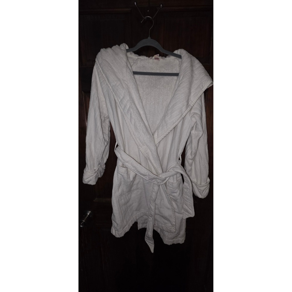 Victorias Secret White Hooded Terry Cloth Bath Robe Embroidered Logo XS/S